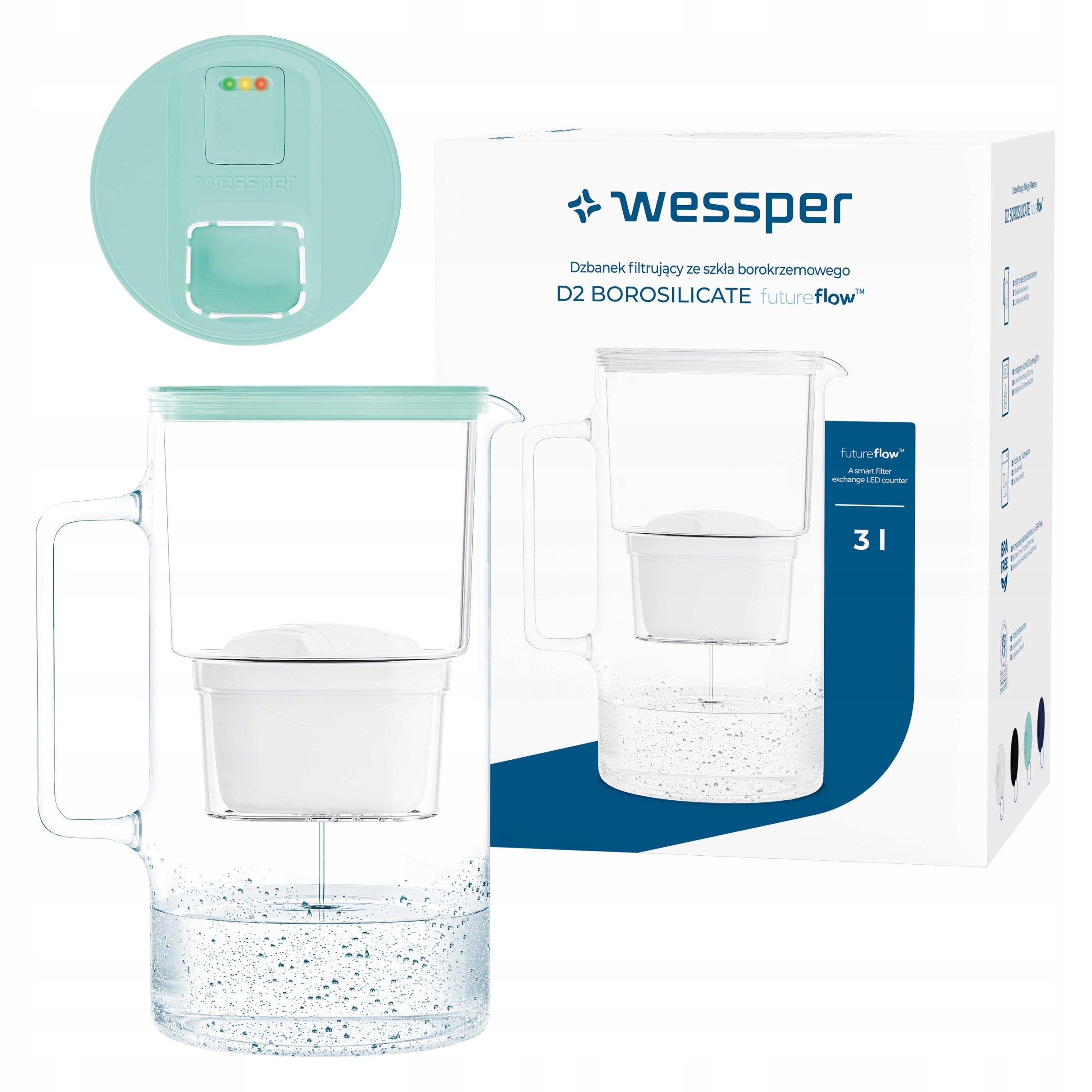 Dzbanek filtrujący szklany Wessper D2 Borosilicate z licznikiem Led 3L