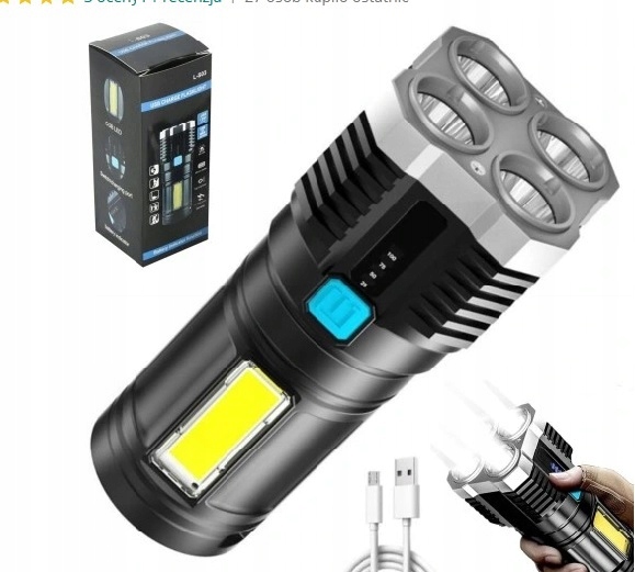 Latarka Led ręczna wielofunkcyjna z akumulatorem taktyczna Cob Usb 7370