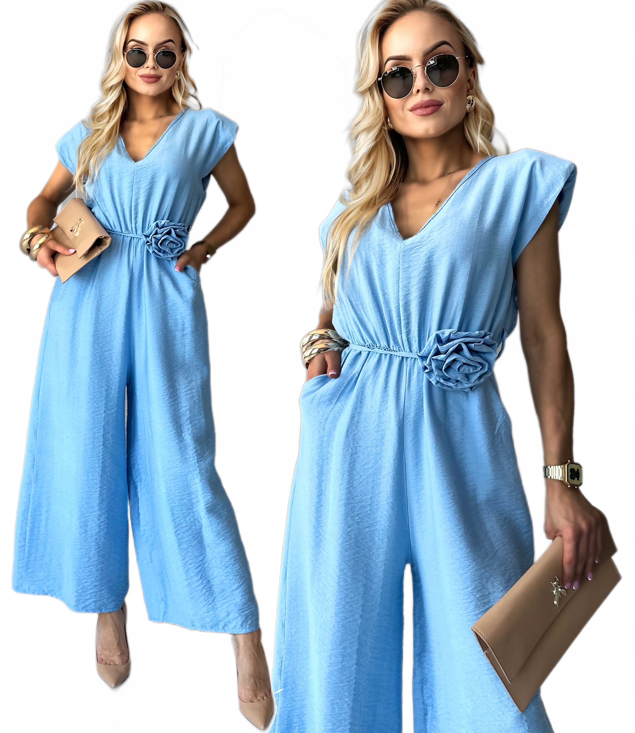 Kombinezon Damski kopertowy dekolt pasek róża efekt lnu Monika