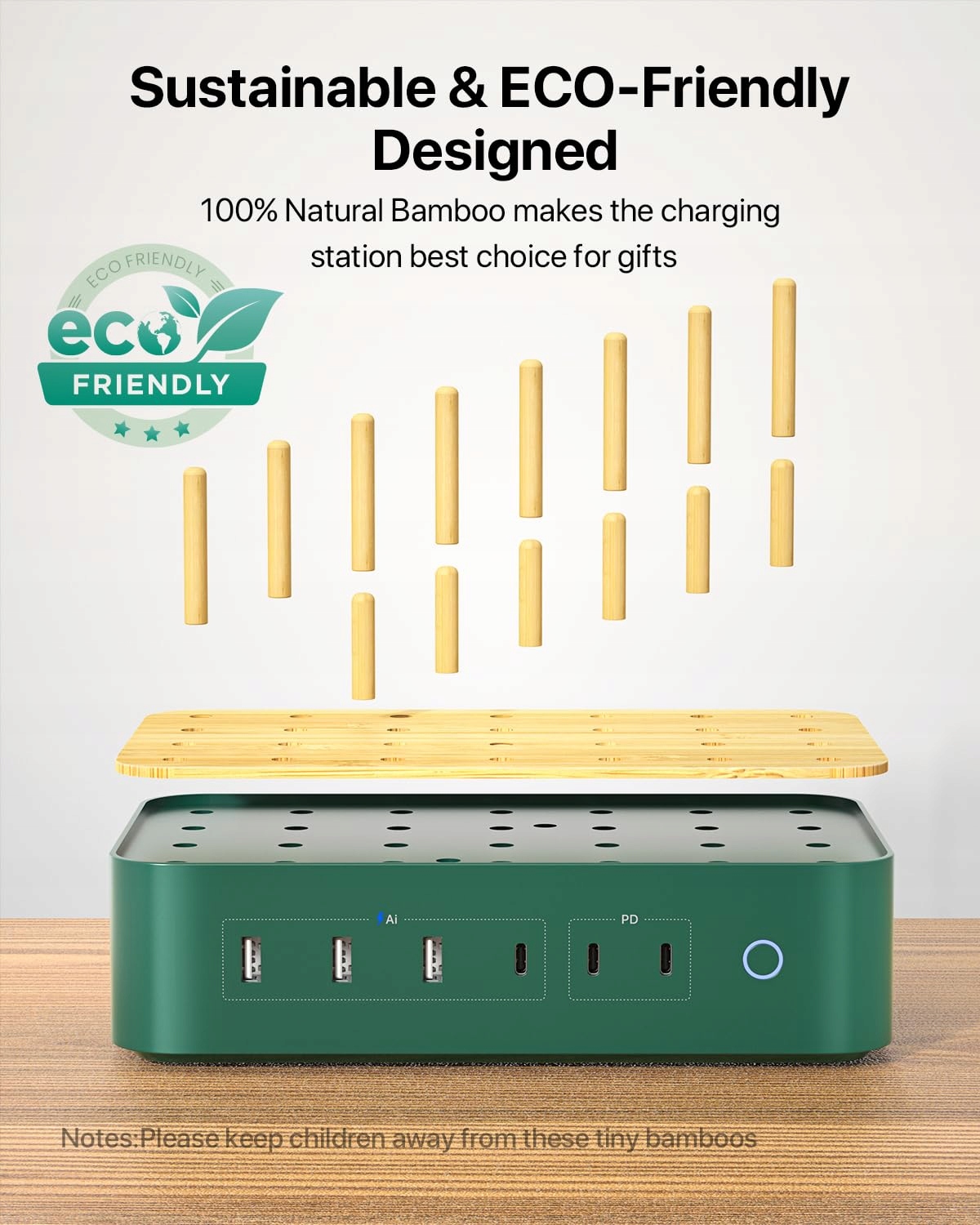 VISIONSYNC Stacja Ładowania USB-C 60W 6-Portowa Z Bambusa Zielona — miniatura 4