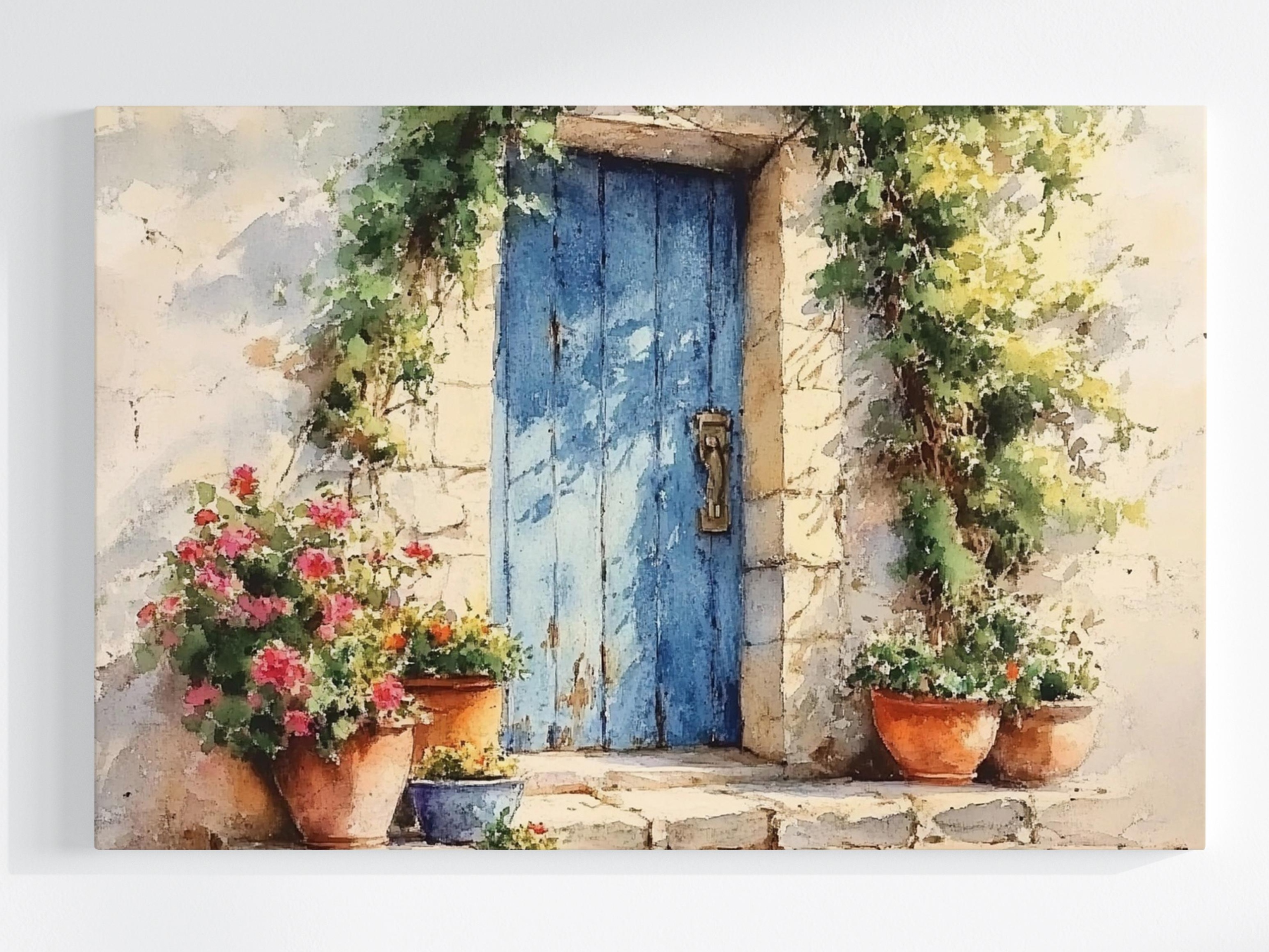 Obraz Na Plátně Canvas Krajina Zeď Stěna Modré Dveře Květiny 120x80
