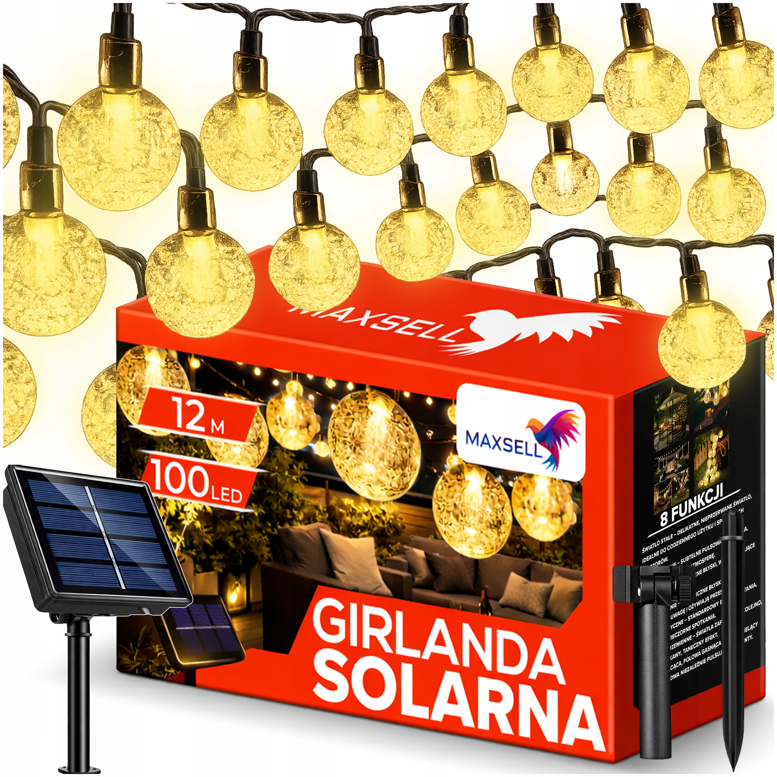 GIRLANDA SOLARNA LED OGRODOWA ŚWIETLNA KULKI LAMPKI SOLARNE 100 LED 12 M