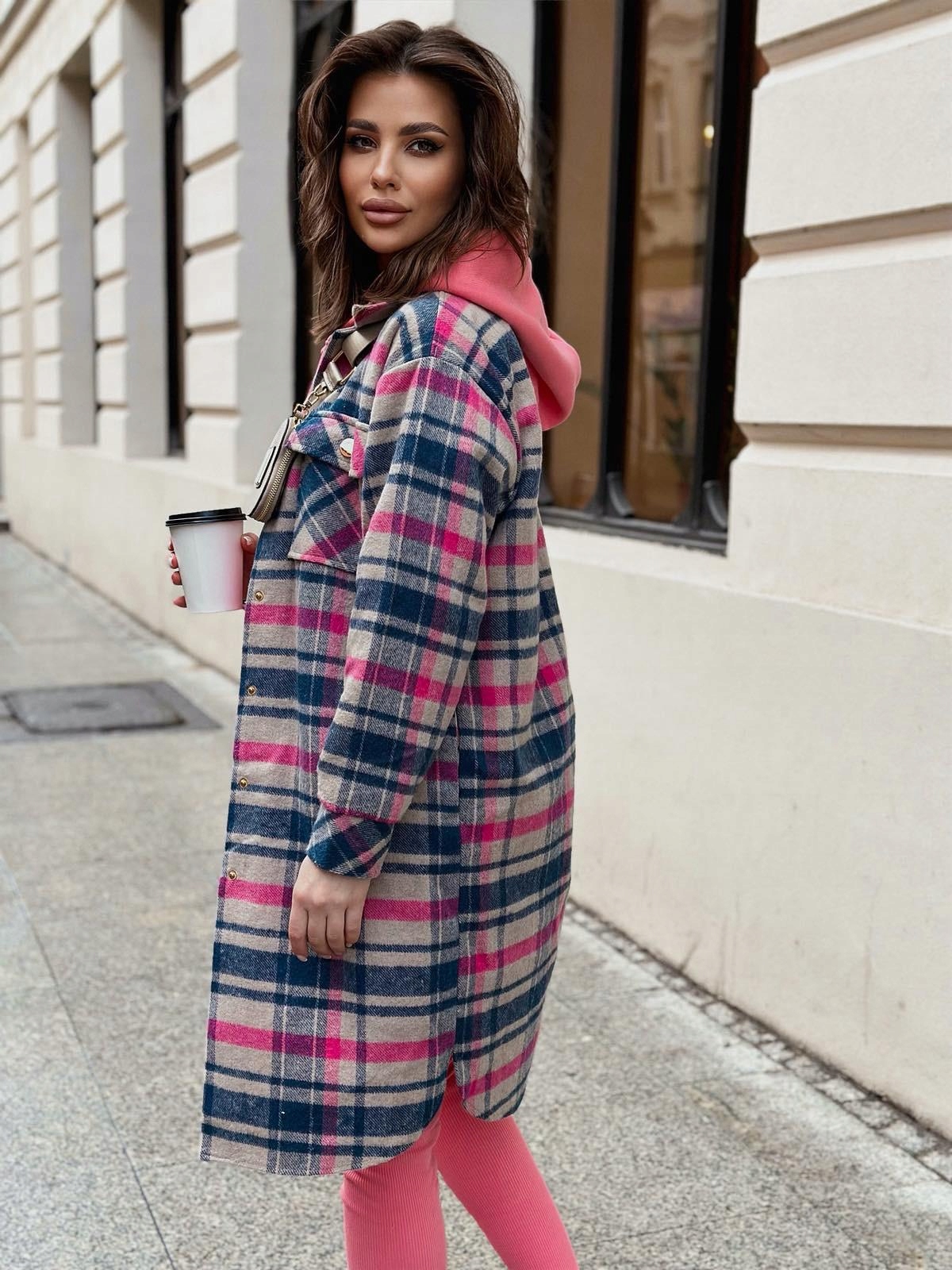 ELEGANCKI DŁUGI WIOSENNY PŁASZCZ KRATA LA BALANCIA S/M Marka LaBalancia