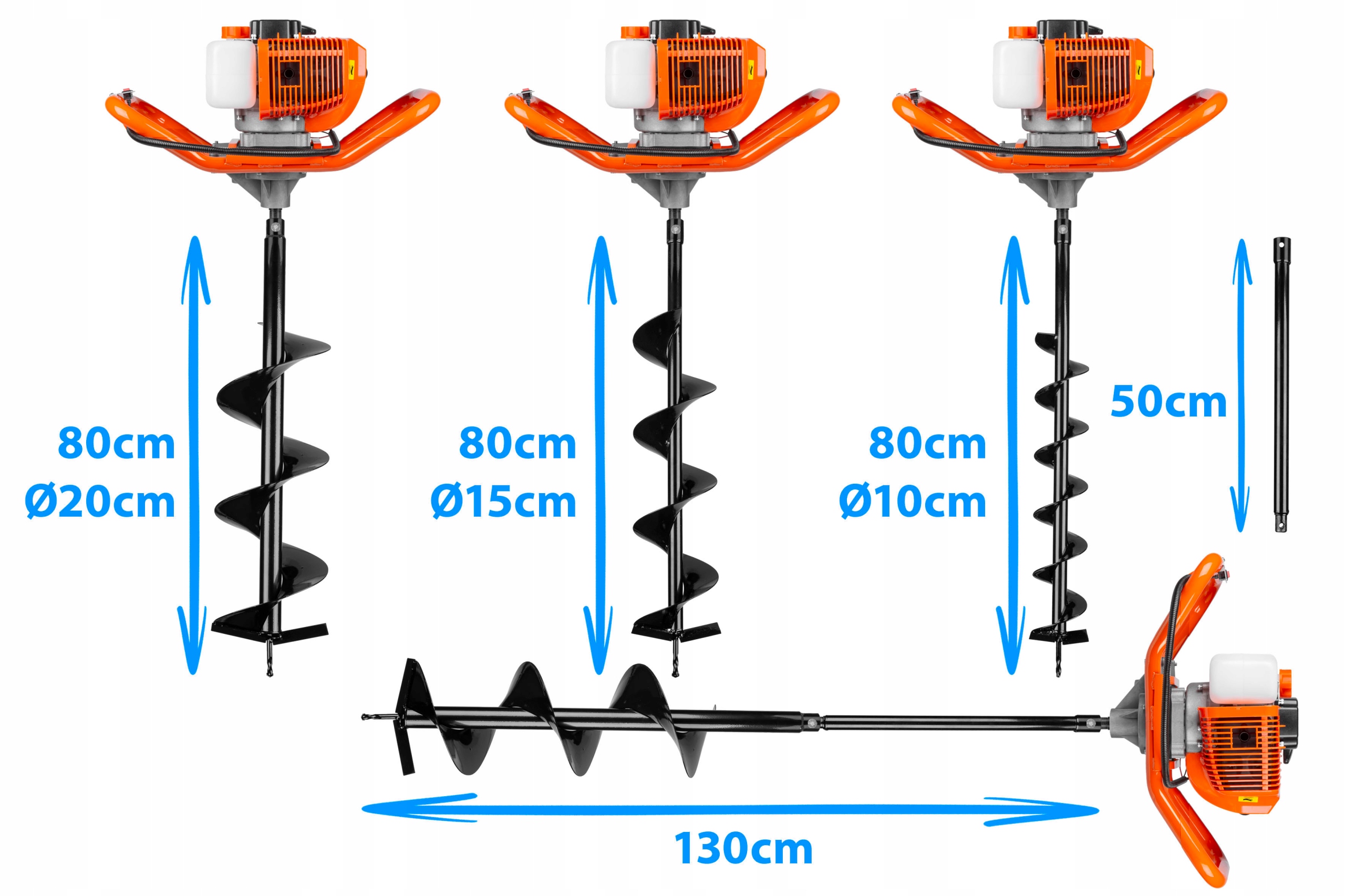 БЕНЗИНОВИЙ ЗЕМЛЯНИЙ БУР, земляний бур, 3 БУРИ, 80 см, ПОДОВЖУВАЧ, 50 см Код виробника, бензиновий земляний бур, 3 бури ECGD540