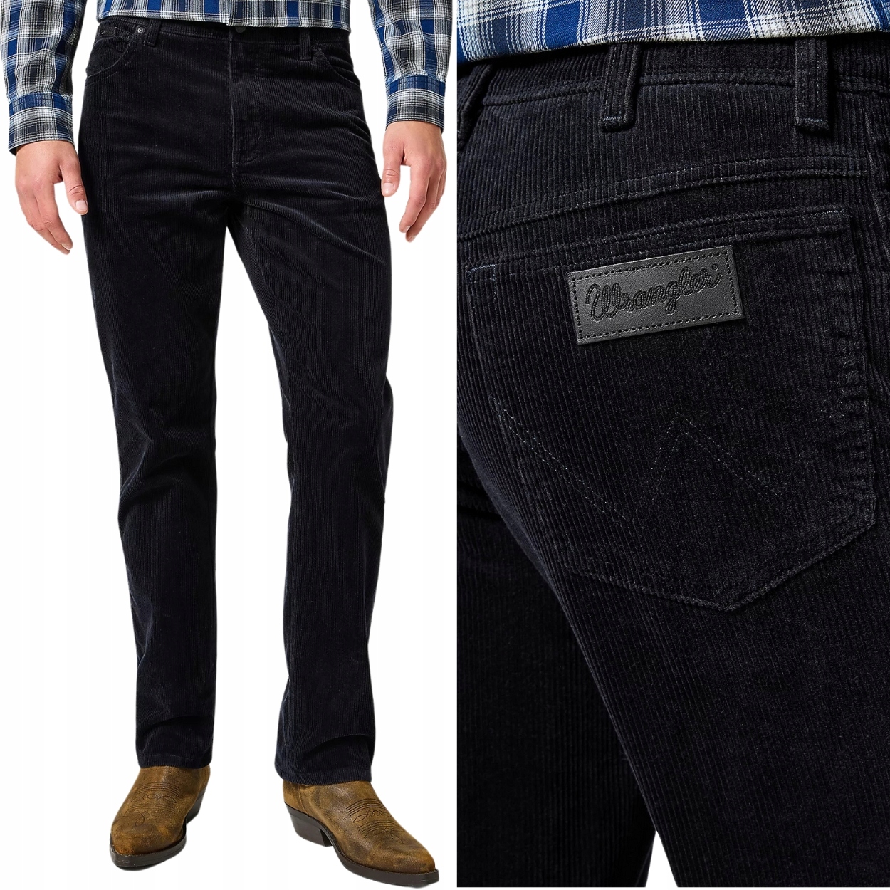 Wrangler Texas Black klasické černé rovné manšestrové kalhoty W32 L32