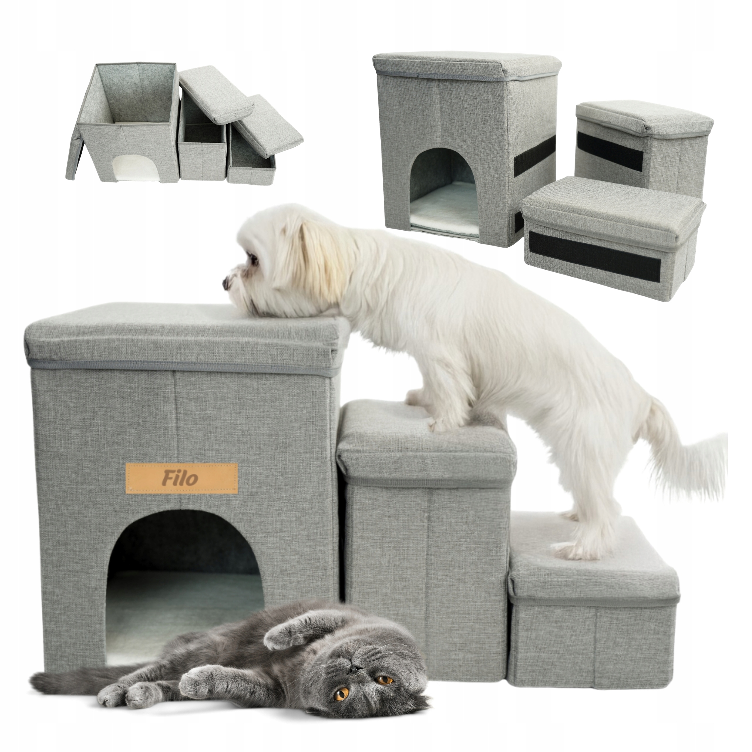 Skládací schůdky pro psa kočku s úložným prostorem a boudou, 3 stupně Gravírování