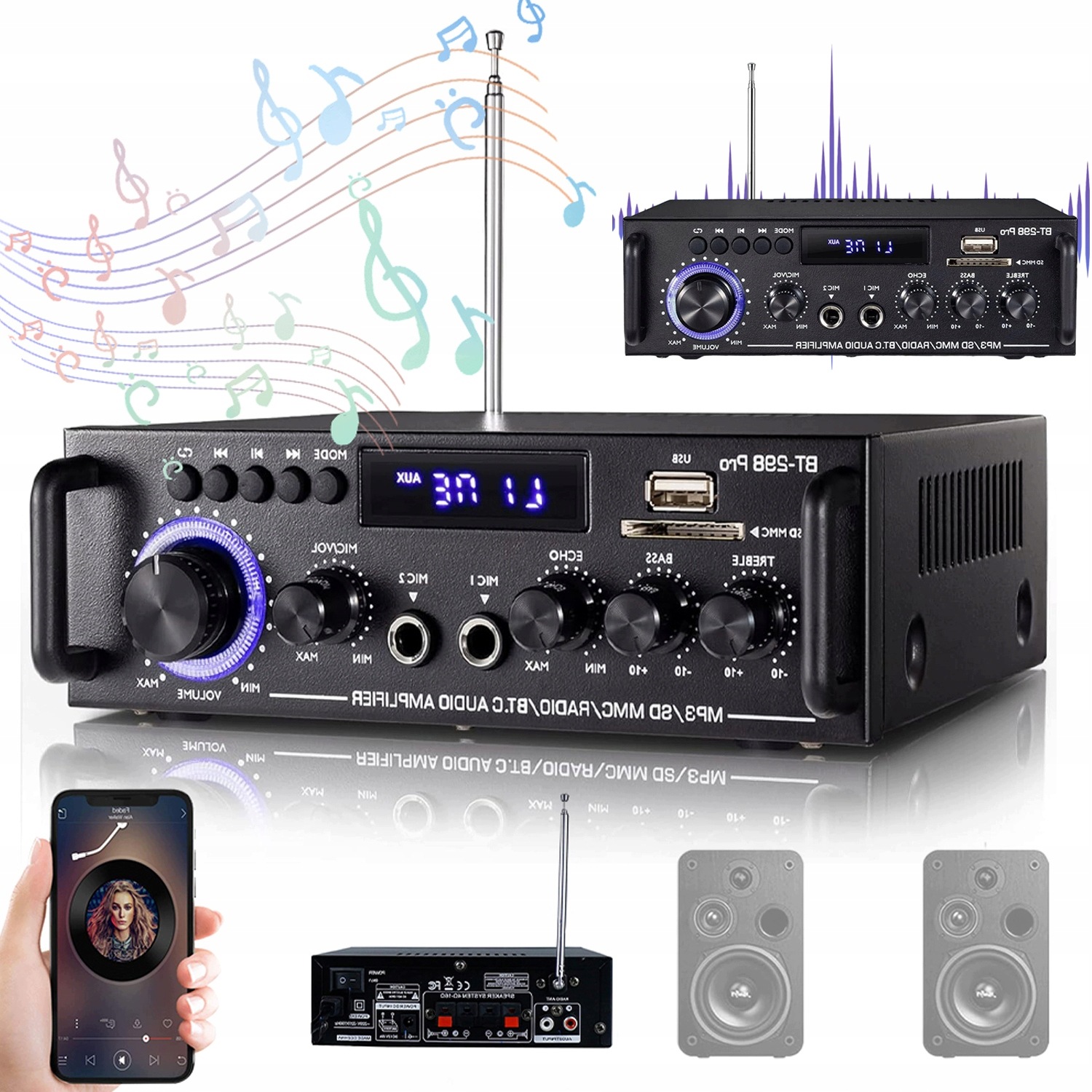 Mini Stereo Zesilovač BT-298PRO 50W 50W Bluetooth 5.0 Aux Usb Sd Černý