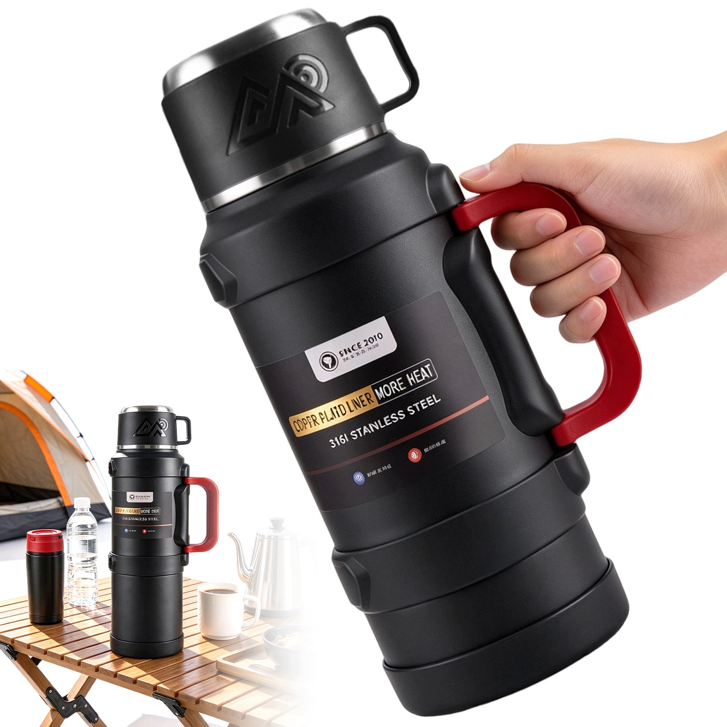 Láhev Na Pití ocelový, 2500 ml, přihrádka na čaj, černý