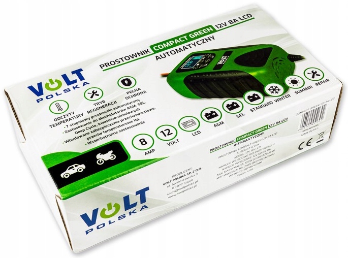 ŁADOWARKA SMART AGM ŻEL PROSTOWNIK LCD SAMOCHODOWY DO AKUMULATORA 12V 8A Waga produktu z opakowaniem jednostkowym 0.49 kg