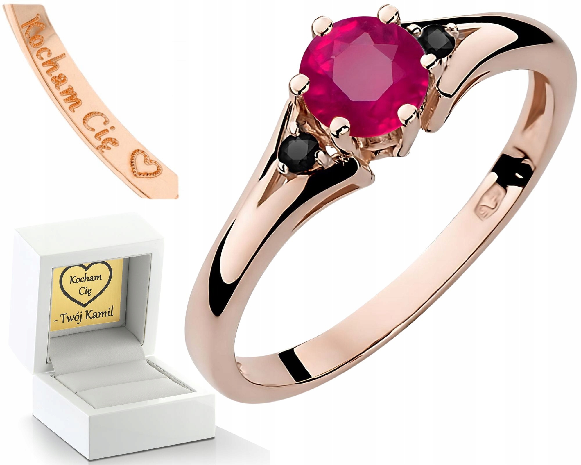 Růžový Zlatý Prstýnek S Rubíny A Černými Diamanty, Zlatý Dárek 585
