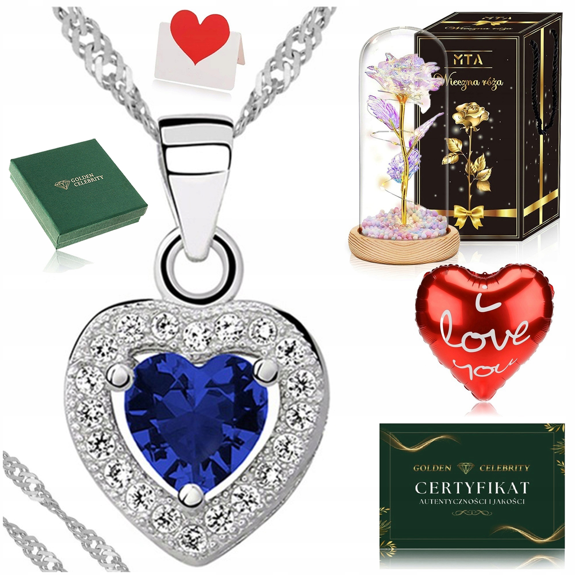 Stříbrný Dámský Náhrdelník Srdce Tmavě Modré Řetízek Přívěsek Věčná Růže