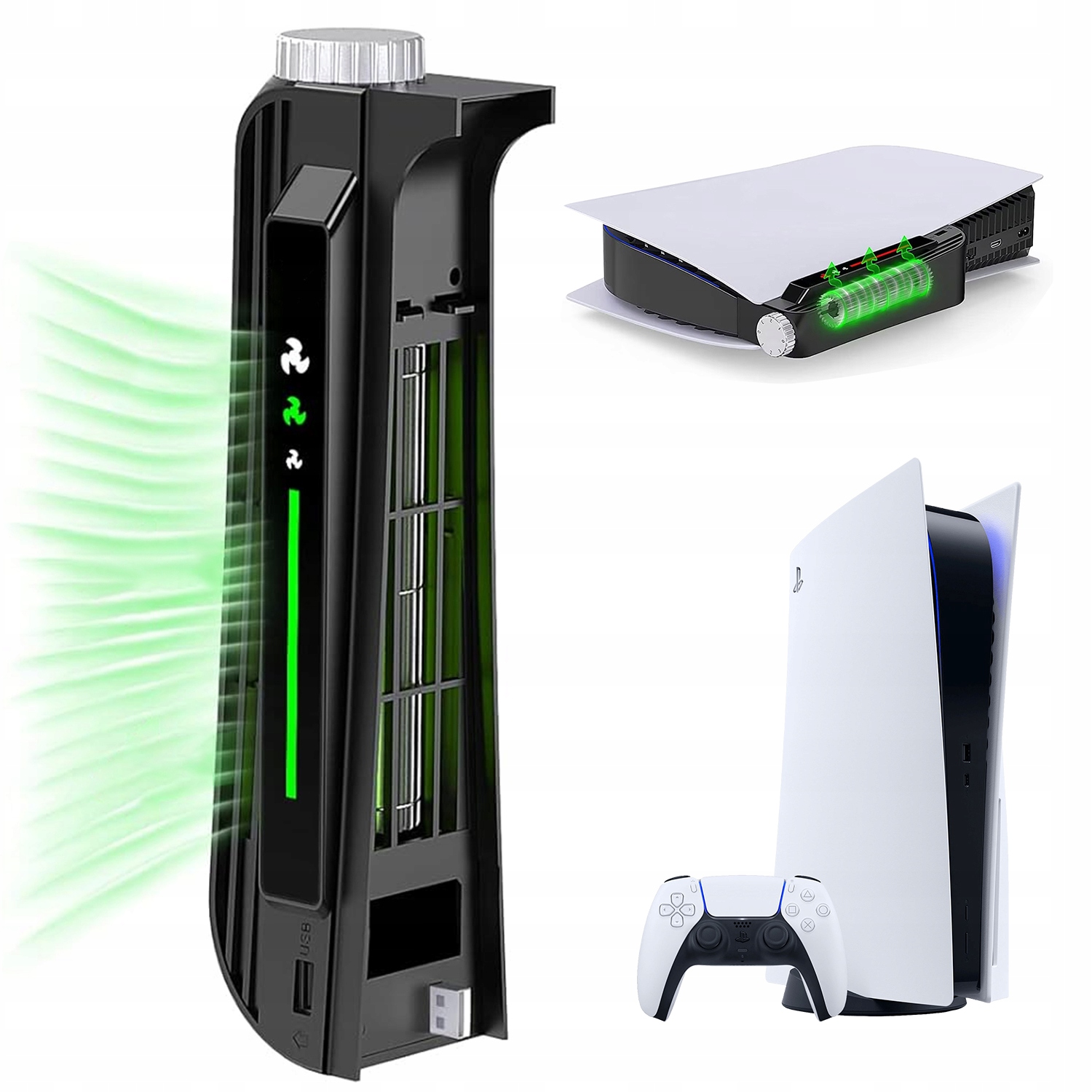 Wentylator Do PS5 Chłodzący Do Playstation Slim Cichy Usb Led Biało-czarny