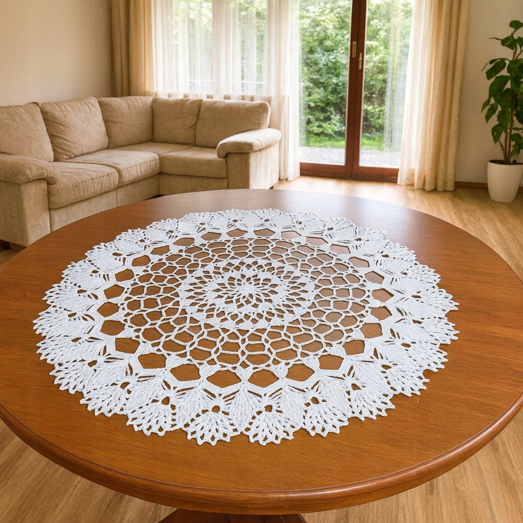 Háčkovaný ubrousek 85 cm ruční práce, ručně vyrobená bavlna, šňůra 2 mm