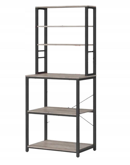 Praktický kuchynský regál 6 políc, 6 háčikov – s napájacou lištou, sivý