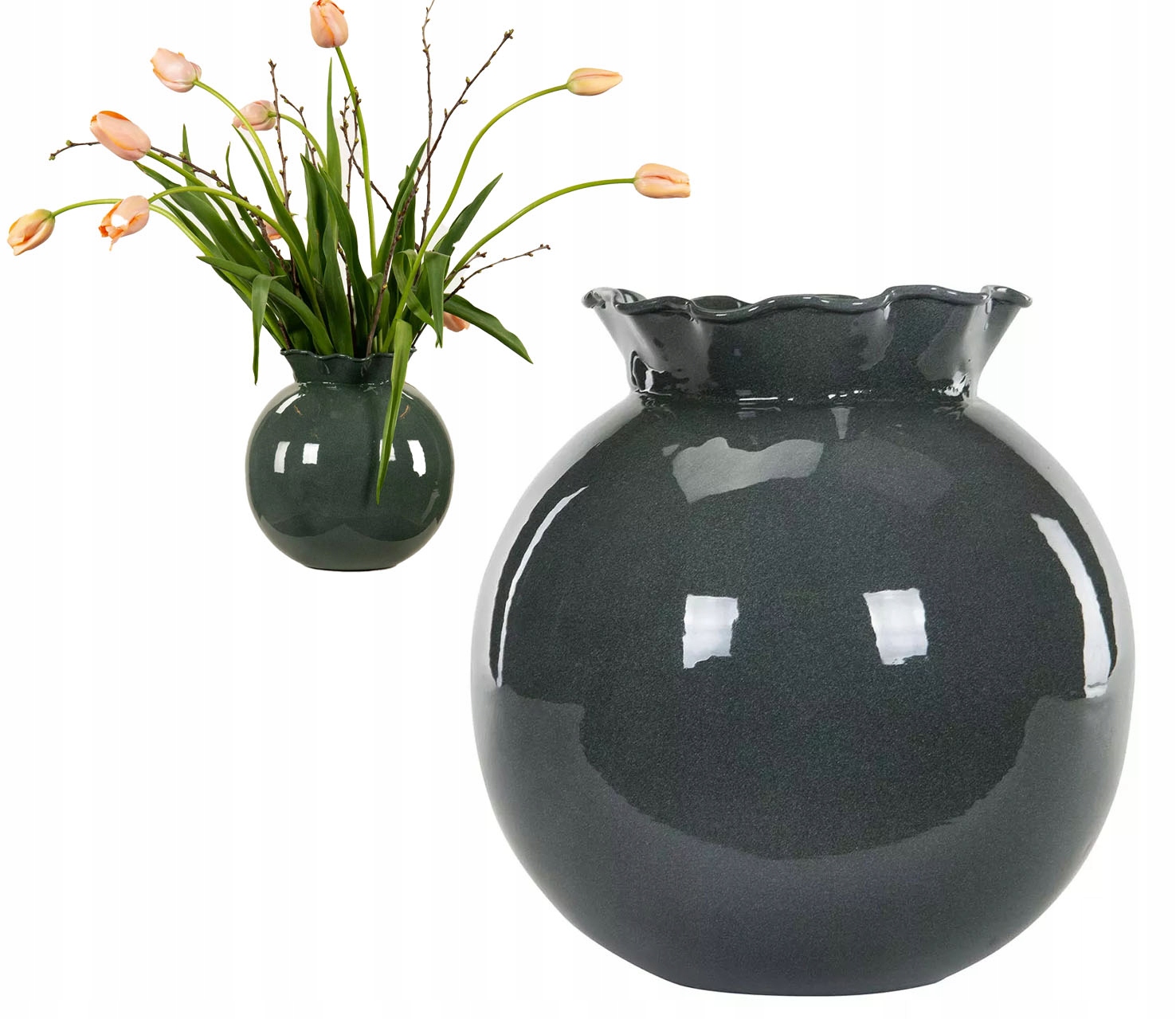 Váza Kula Zelená 25 cm na kytice větve květiny rezistentní kulatý