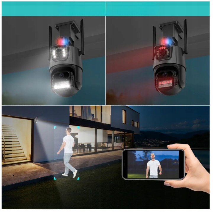 PODWÓJNA KAMERA ZEWNĘTRZNA OBROTOWA 270 stopni 4MP ZOOM WiFi 2 obiektywy Zasięg podczerwieni 30 m