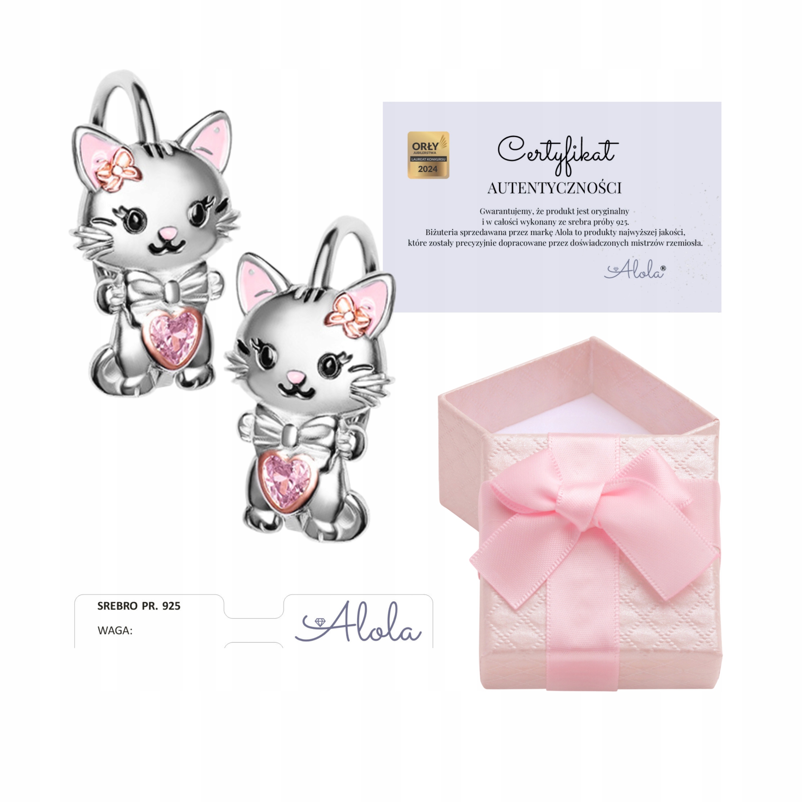 SREBRNE KOLCZYKI KOT DLA DZIEWCZYNKI KOTKI ANGIELSKIE 925 ORYGINALNE ALOLA Próba srebra 925