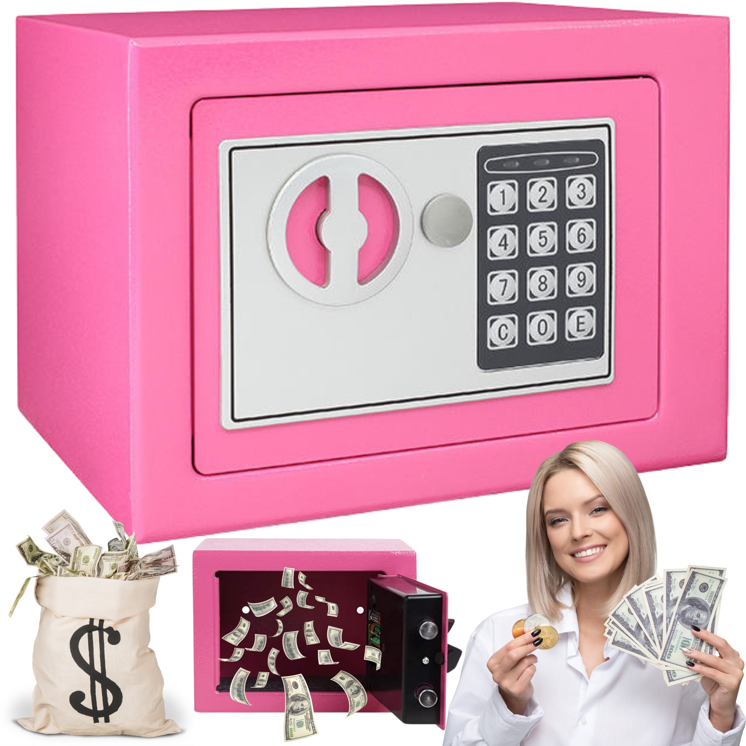 Sejf Domowy Kasetka Na Kod Zamek Elektroniczny Szyfr Klucz Różowy Montessa