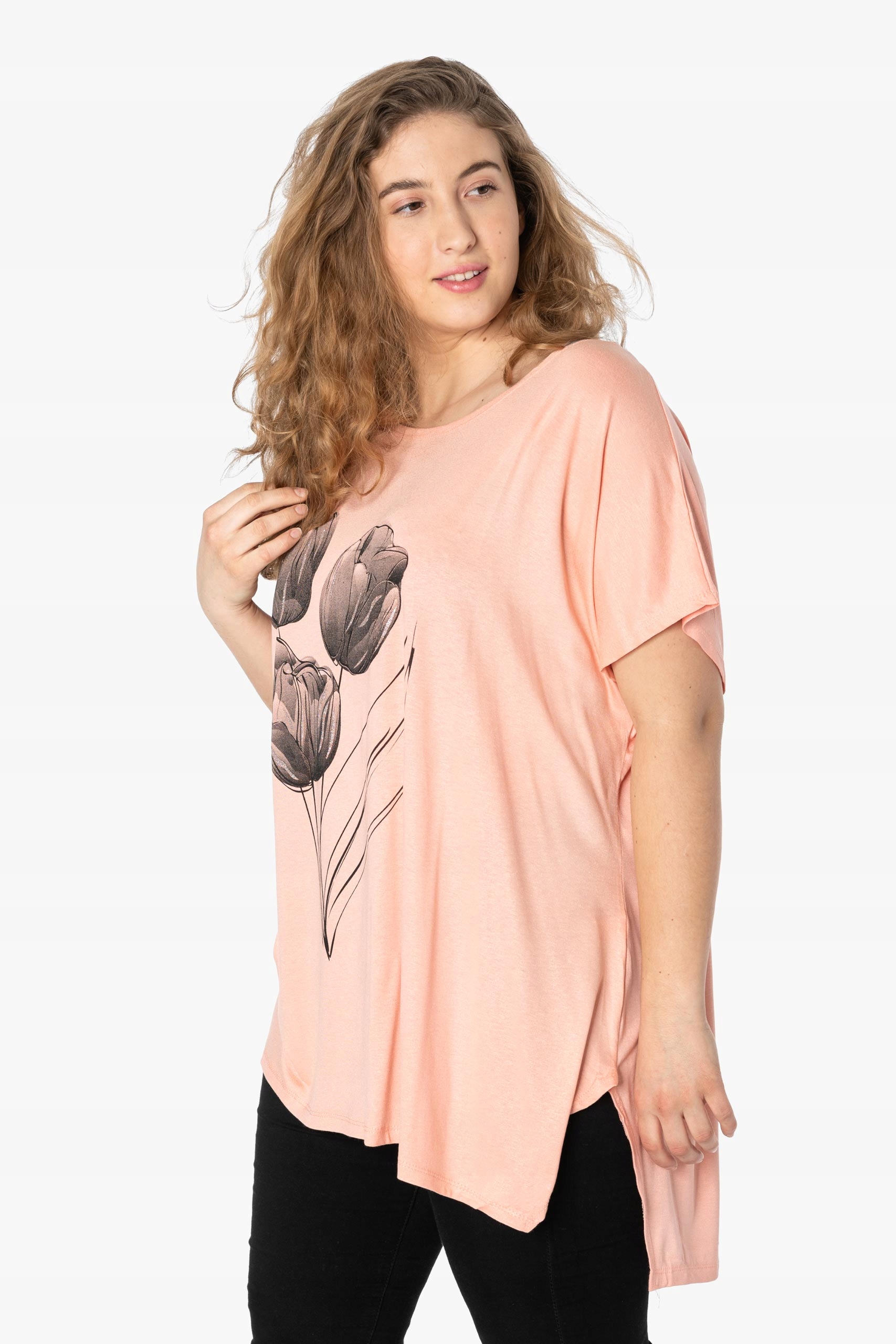 Duża Długa Bluzka Damska Tunika Oversize 653-12 Wzór dominujący kwiaty