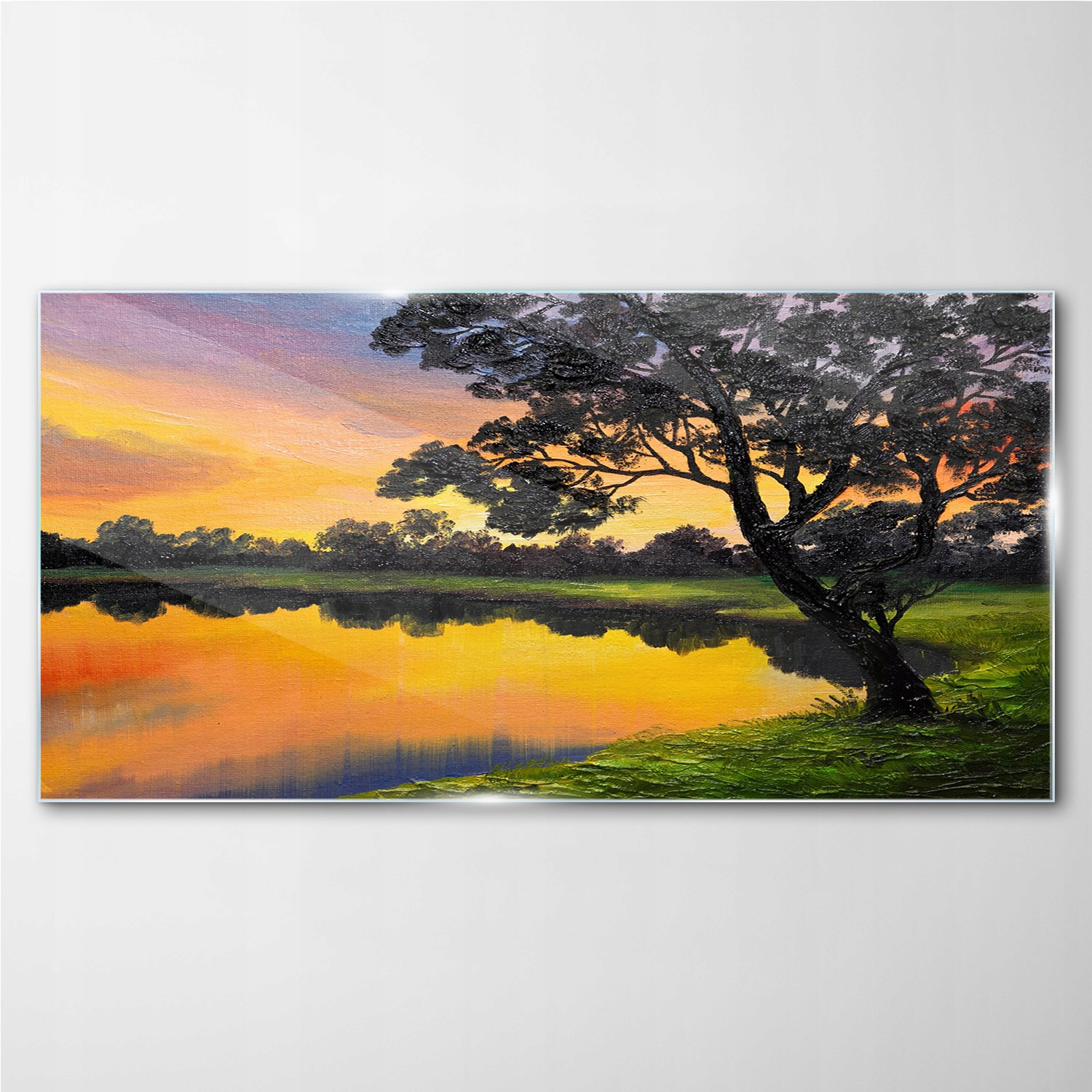 

Obraz szklany Jezioro las zachód słońca 100x50 cm
