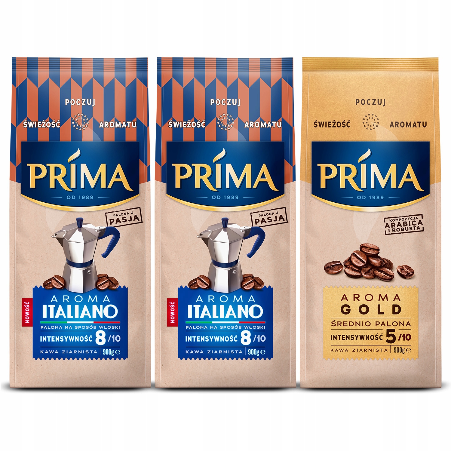 Kawa ziarnista Prima 1x Aroma Gold 2x Aroma Italiano zestaw kaw 3x 900g