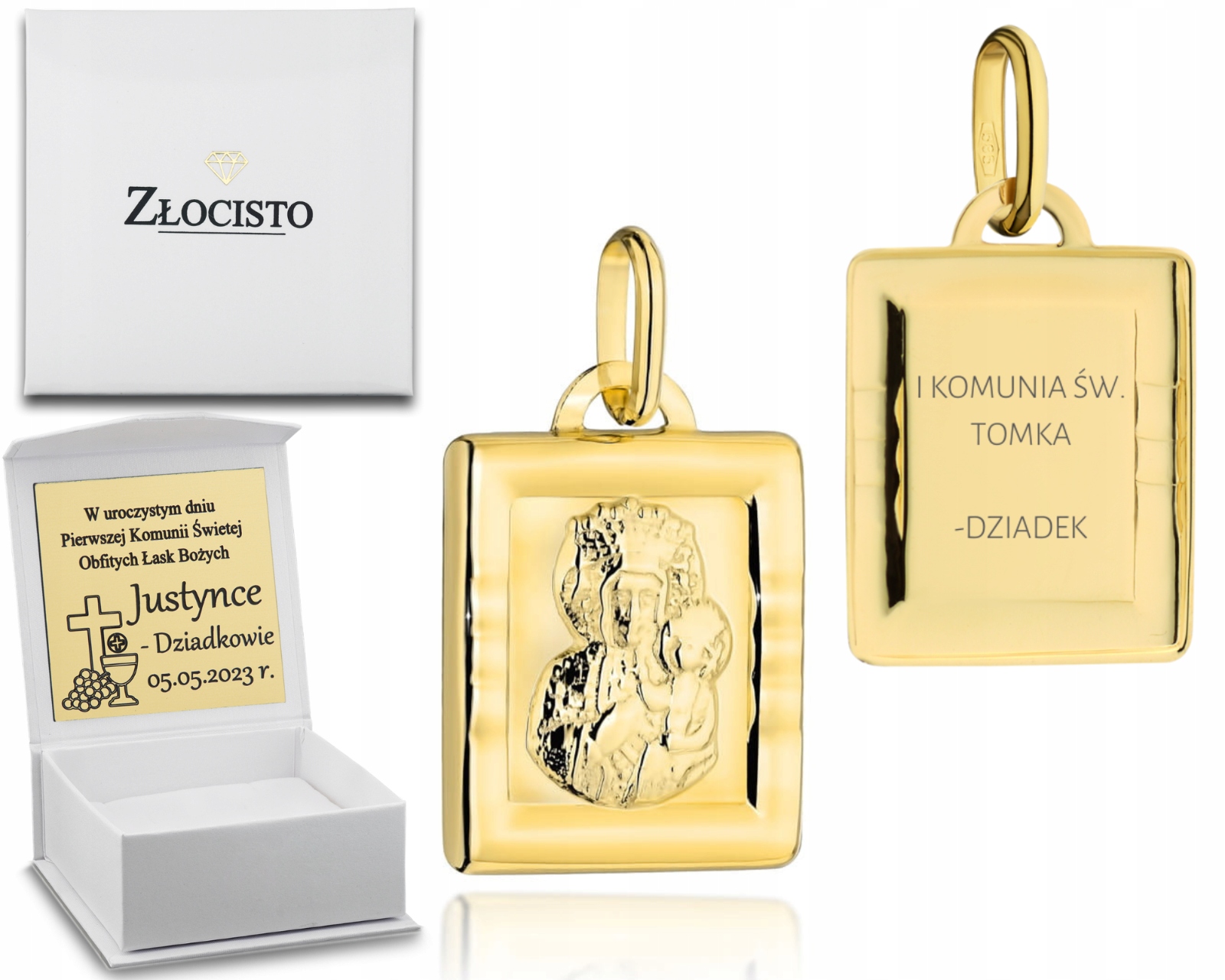 Zlatý Medailonek Panna Maria Čenstochovská Gravírování Křest Svaté Přijímání Dárek