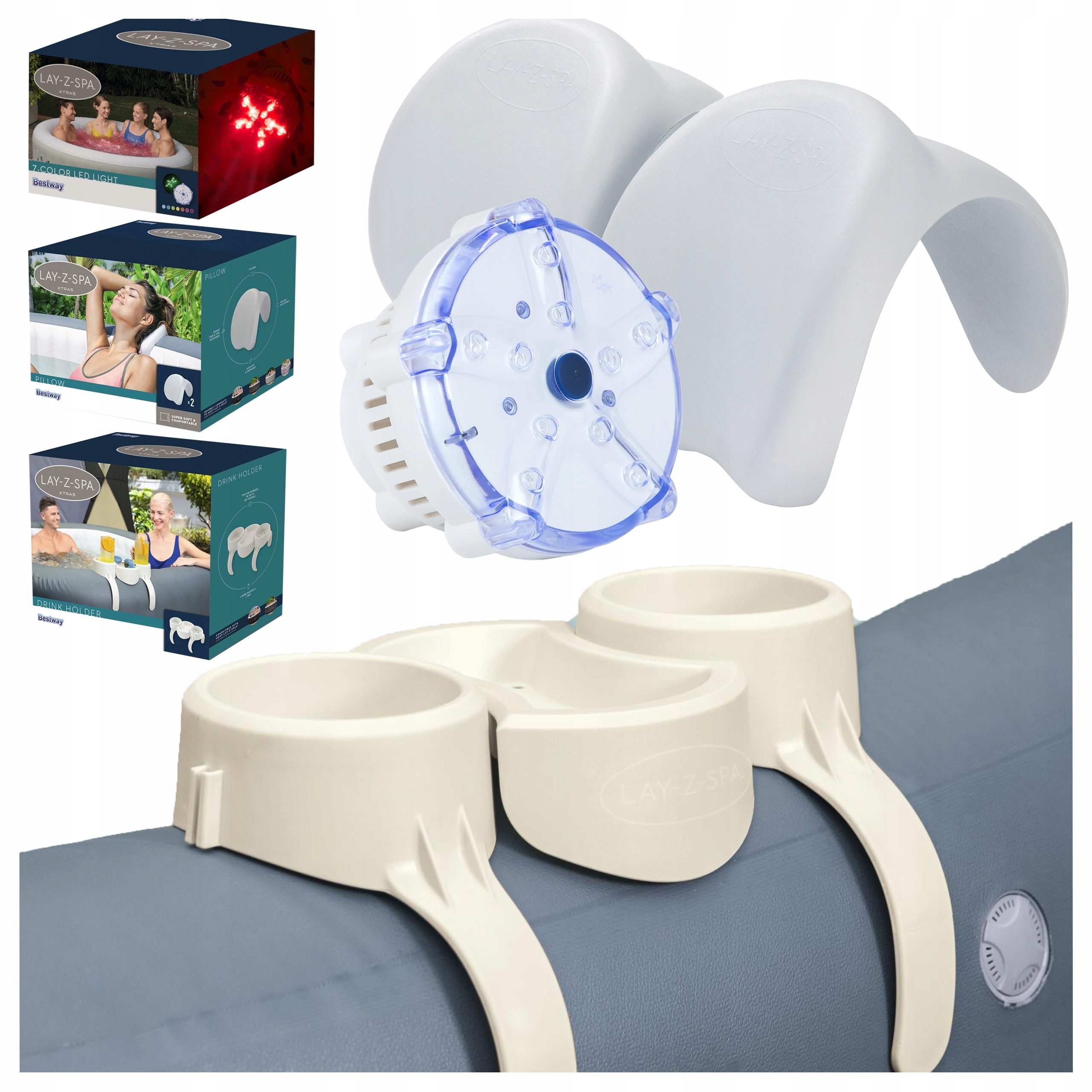 Bestway 3v1 Lay-Z-Spa Sada držiakov na nápoje 2x vankúš Led lampička