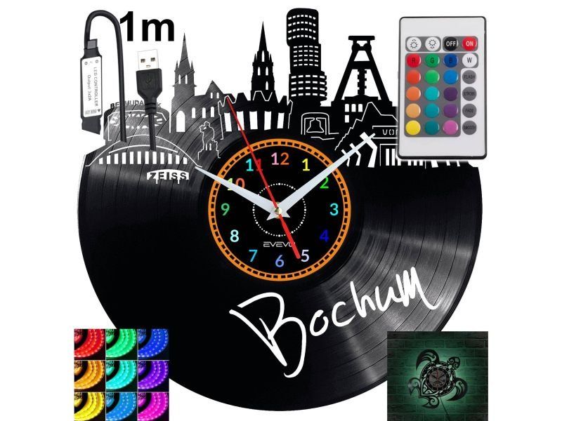 Bochum Nástěnné Led Rgb hodiny na dálkové ovládání Vinylová deska Modern