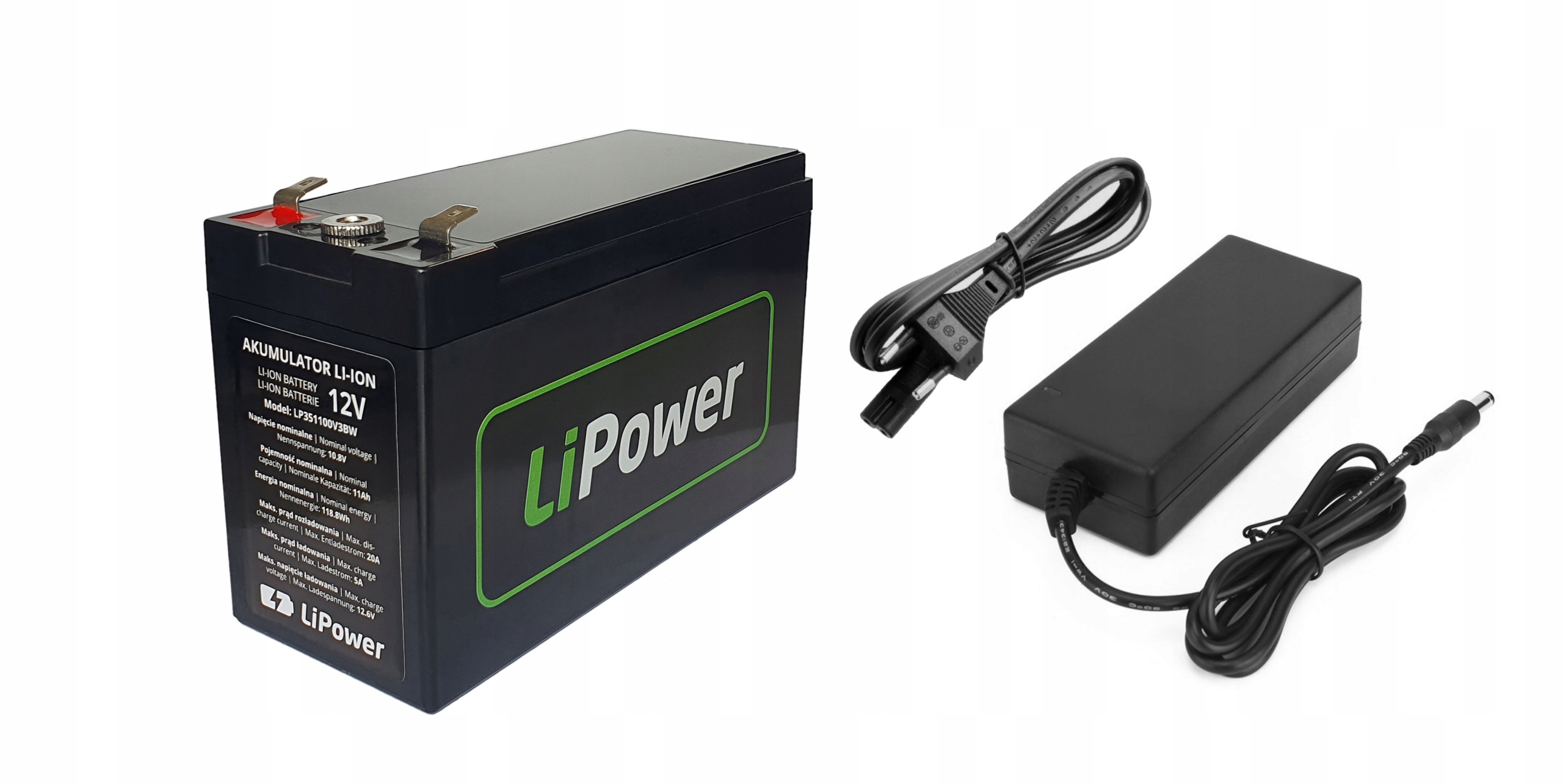 Akumulator 12V litowo-jonowy LiPower 12.5Ah w pudełku Ładowarka 5A Zestaw