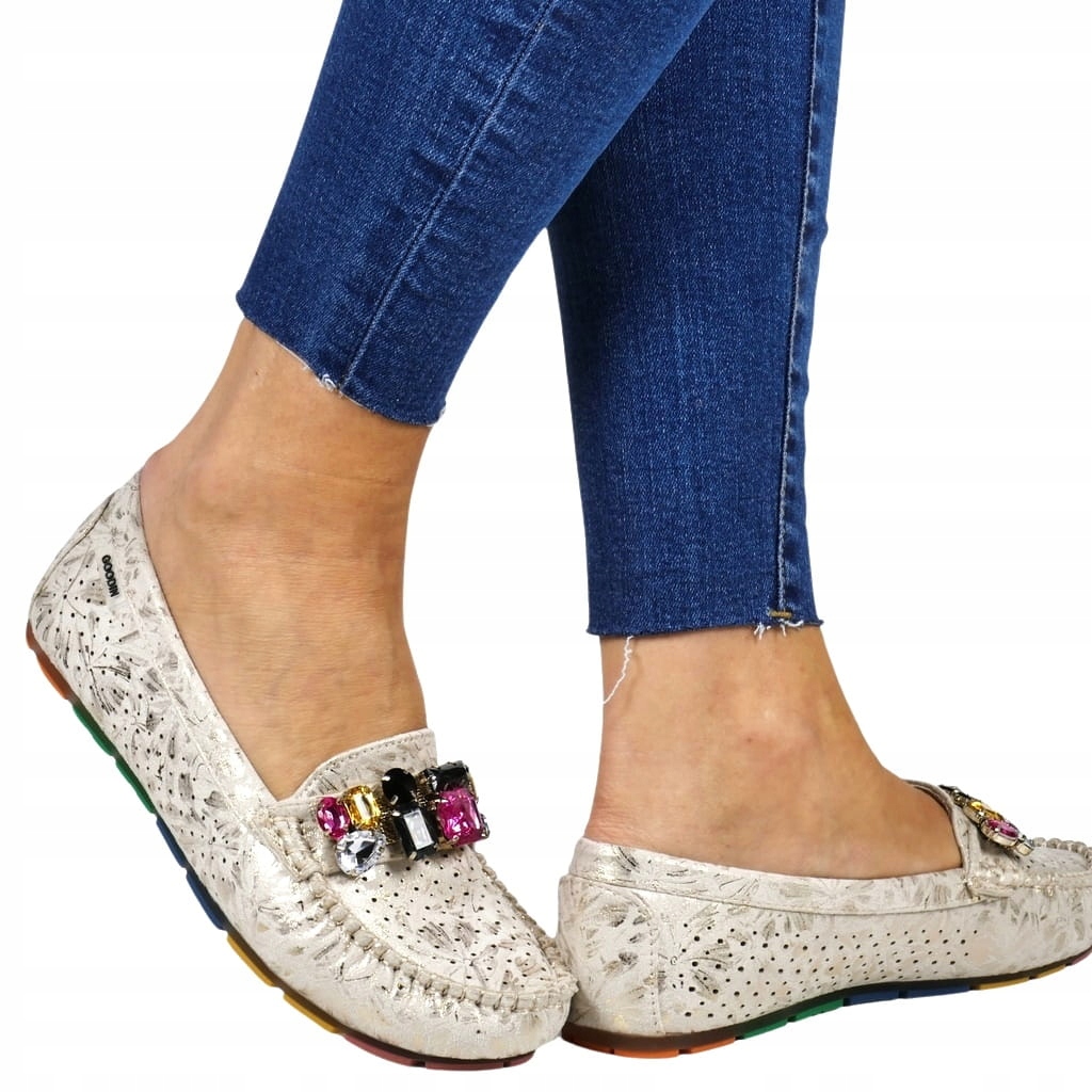 AŻUROWE MOKASYNY Z KAMIENIAMI BUTY LEKKIE BEŻOWE ZŁOTE WYGODNE