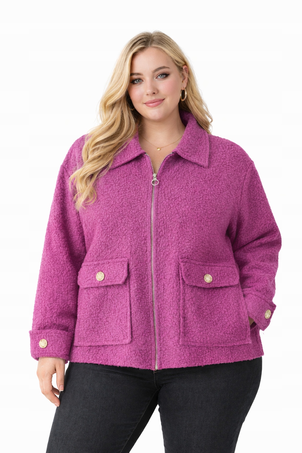 Płaszcz Bouclé Kurtka Przejściowa Wełna Wiskoza Zamek Fuksja 52 54 6XL 7XL