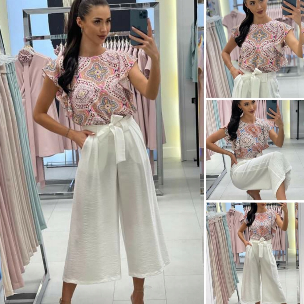 Kalhoty Culottes Béžové Viskóza Len 0861 Lalous vel.S
