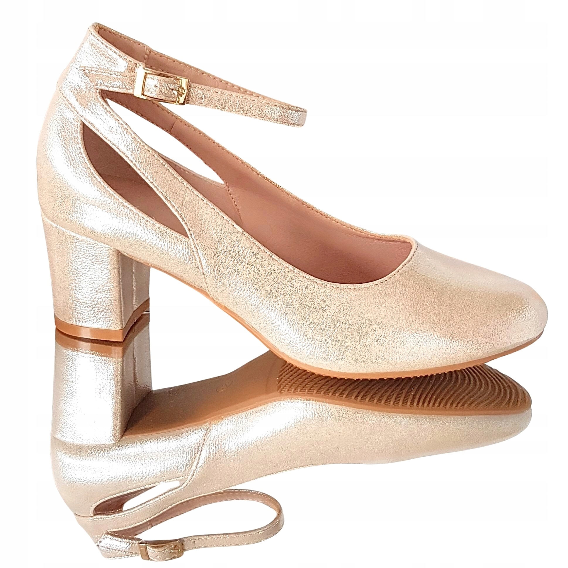 Złote Perłowe Ozdobne Wycinane Buty Czółenka Z Paseczkiem Słupek 6 Cm 40