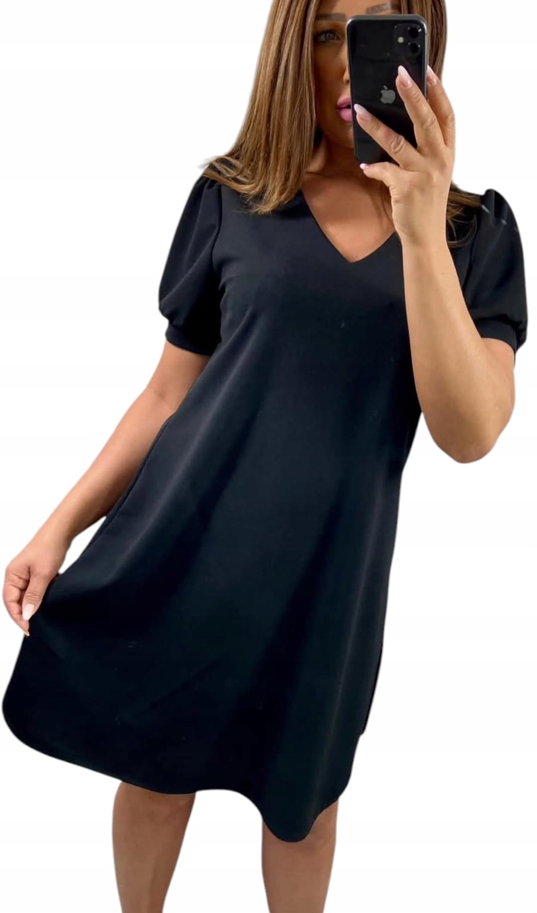 V657 Šaty Krátký Rukáv Hladký Výstřih V-neck Černá vel. 42 (XL)
