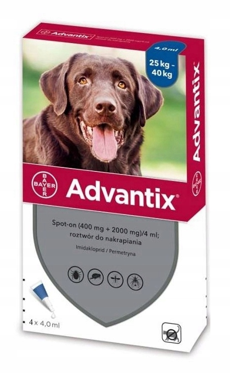 Advantix krople dla psów od 25kg do 40kg 4ml x 4szt na pasożyty