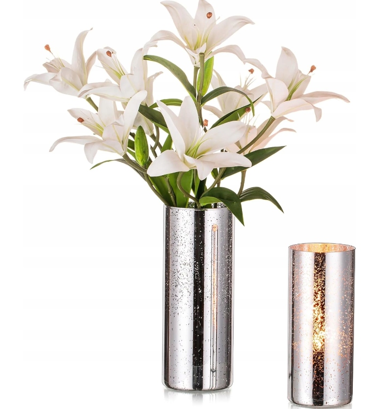 Skleněná válcová váza, sada 2 váz ze rtuťového stříbra