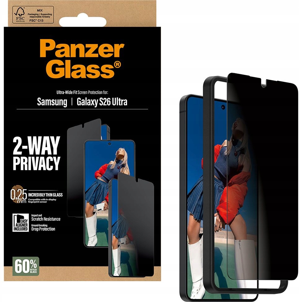 Sklo s privátním filtrem pro Galaxy S26 Ultra, PanzerGlass, sklo aplikátor