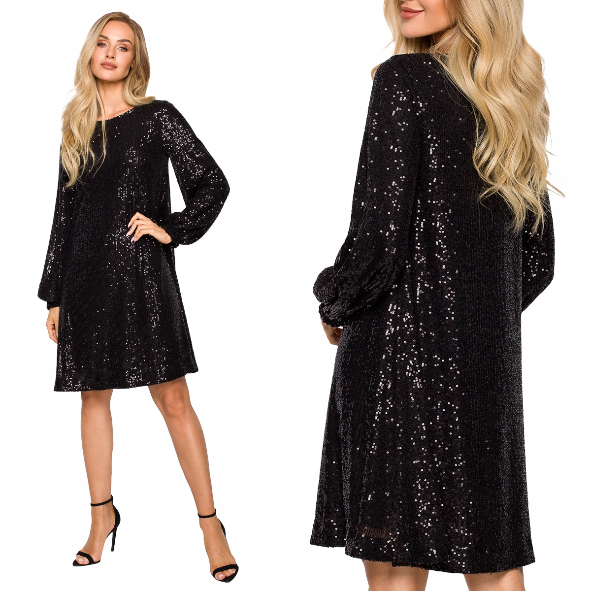 KOBIECA SUKIENKA WIECZOROWA PIĘKNA BUFIASTE RĘKAWY CZARNA Z CEKINAMI 38 M