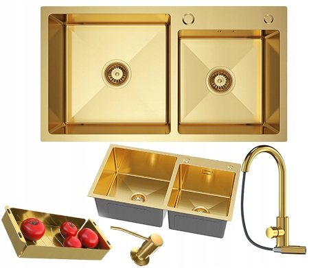Oceľový drez 2-komorový 78x45 cm zlatý, sada batérií, dávkovač, sifón