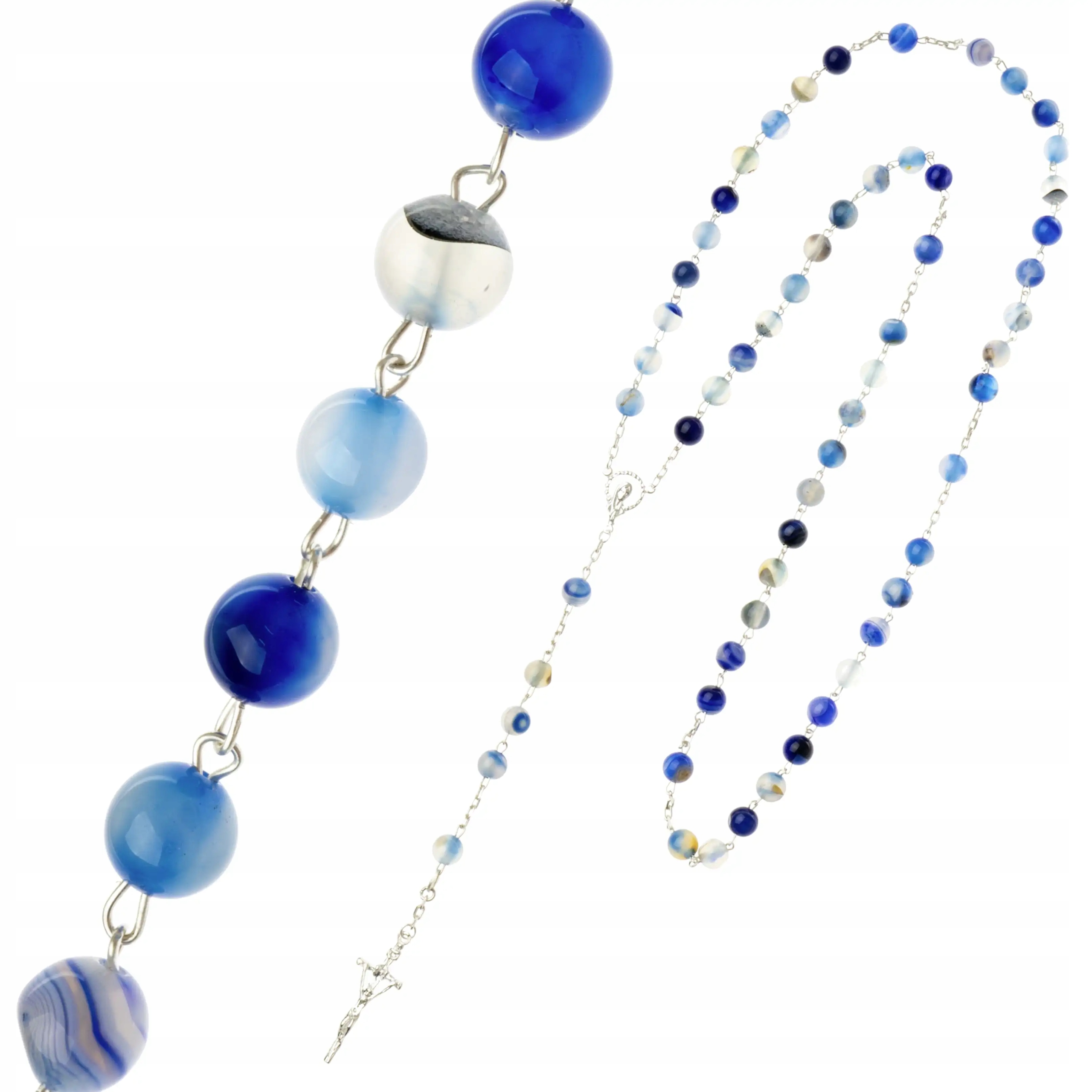 Exkluzivní stříbrný růženec z páskových achátů tmavě modré a modré