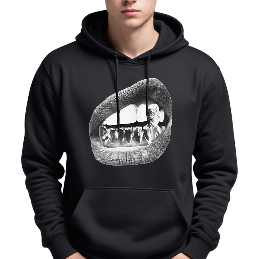 Pánská Mikina Hoodie S Kapucí Černá Streatwear Módní Gold Mouth S