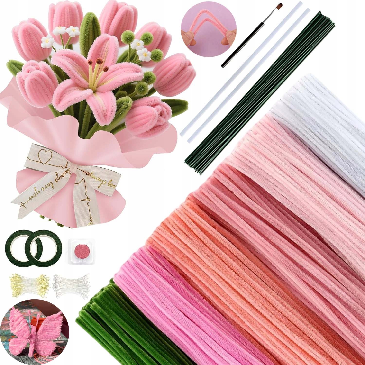 Plstěné Dráty 540 Kusů Barevné MIX Nadýchané 30 CM Pro Floristiku Růžové