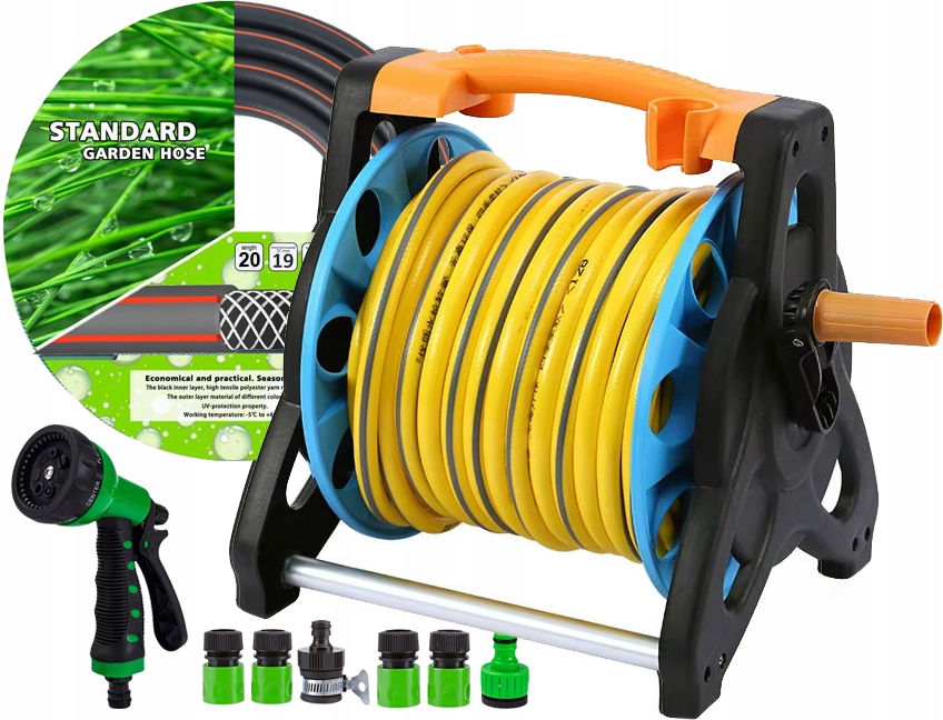 Hadice Zahradní Stojan 1/2 20 M Buben Navíječ Pistole Zavlažovač Spojka Vozík