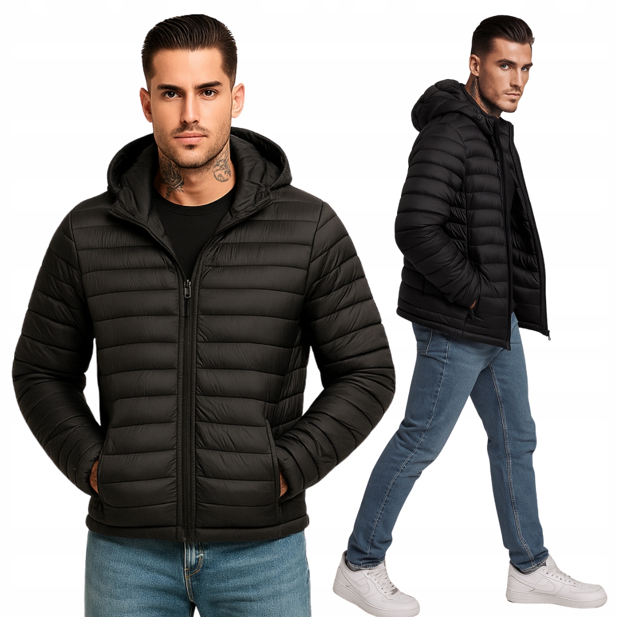 Kurtka Męska Pikowana Z Kapturem W Kolorze Czarnym Klasyczna XL
