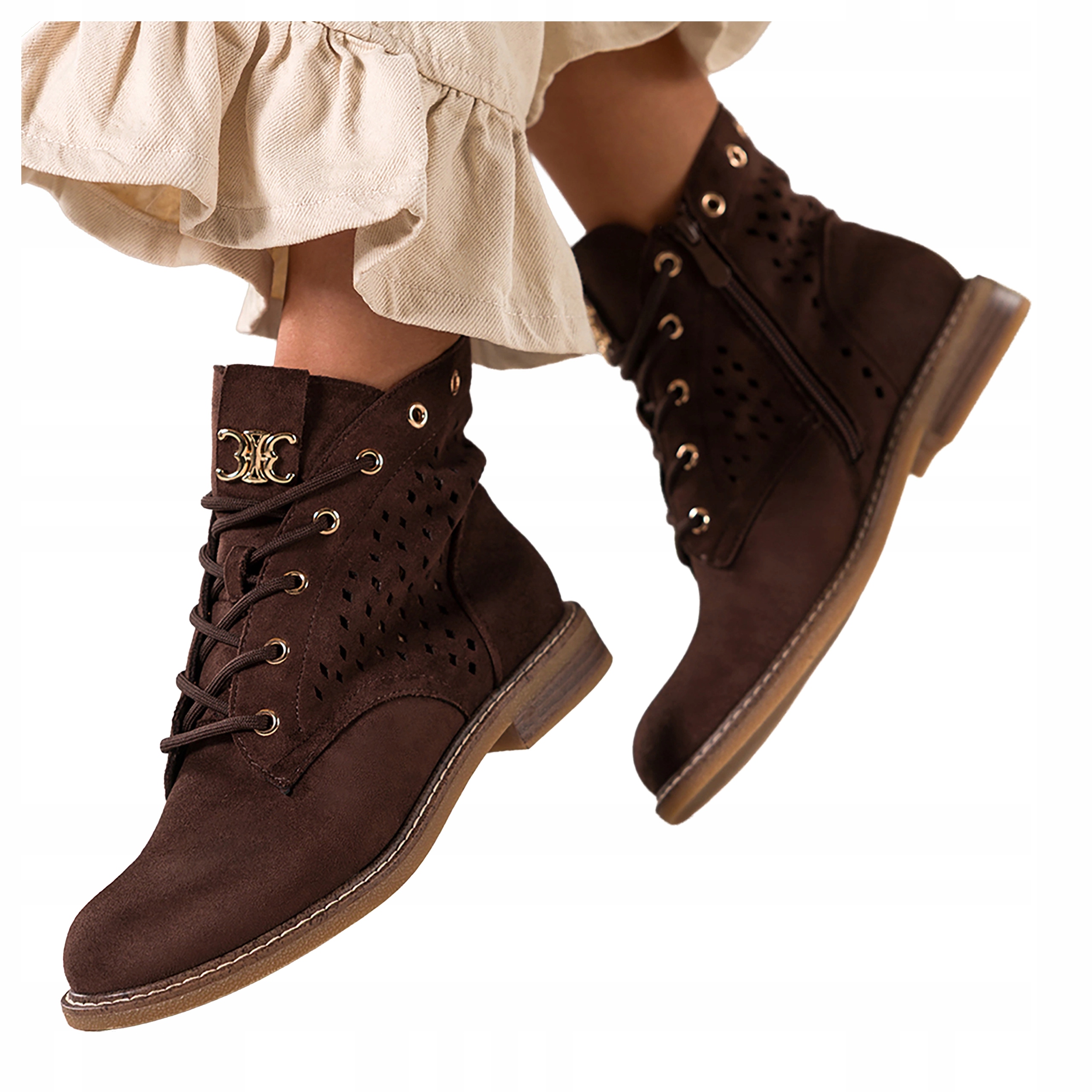 Čokoládové dámské kotníkové boty Šněrovací Zlatá Ozdoba Ploché Ažurové vel. 41