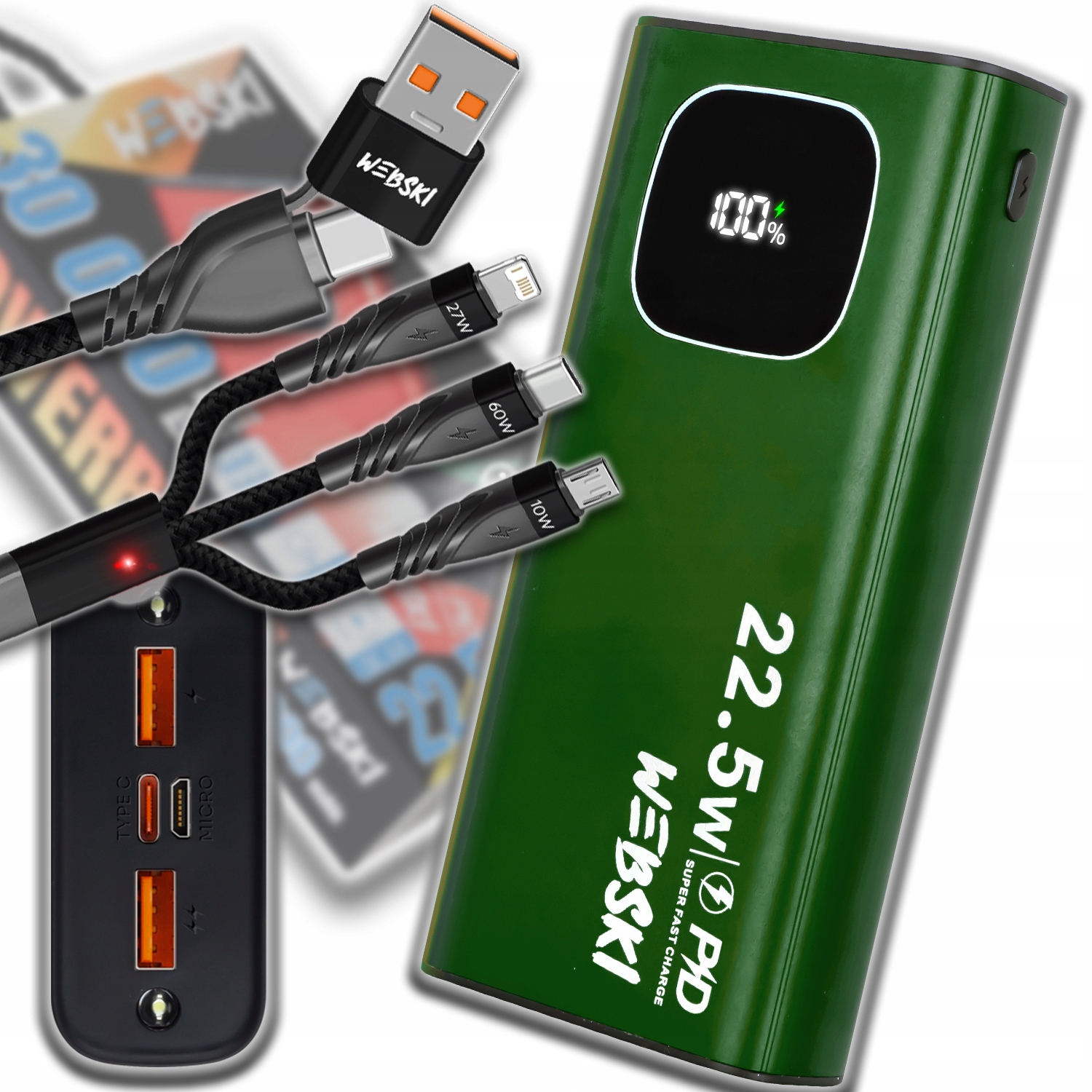 Power Banka 30 000 Mah Silná, Pevná, Velká, Prostorná, Usb Qc Pd Usb Kabel 6V1