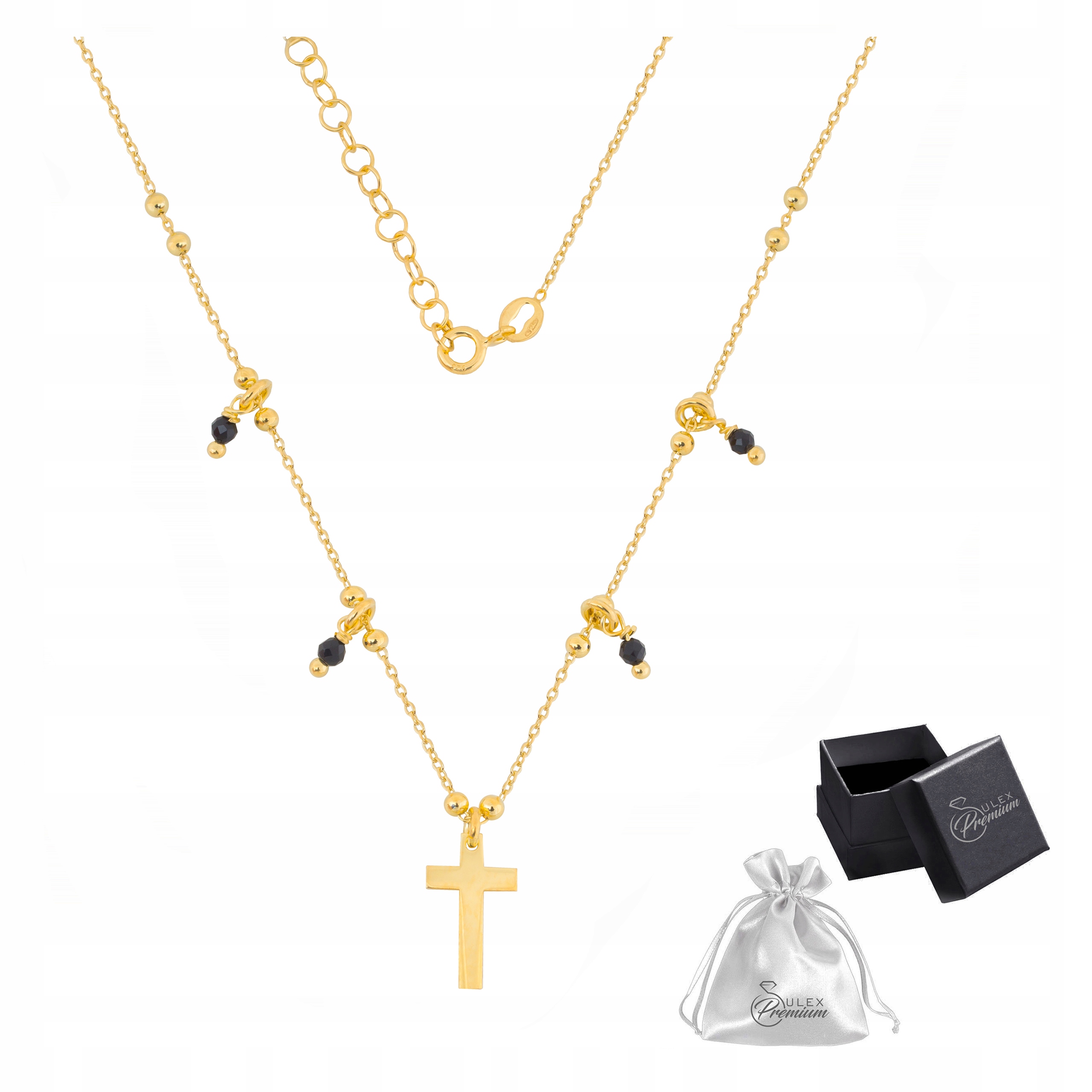 Stříbrný náhrdelník ryzost 925 Zlatá Kolie Celebrita Křížek Černé Křišťály