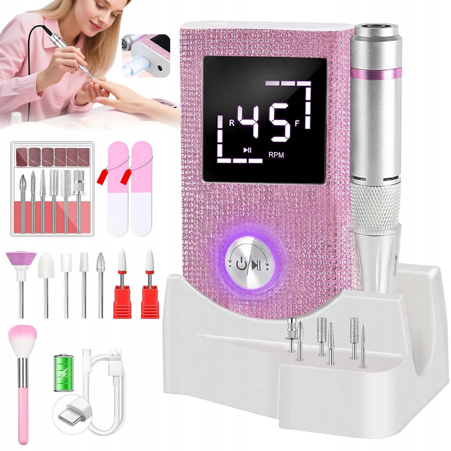Bruska Na Nehty Manikúra Pedikúra Profesionální Výkonná 50W Frézy Sada