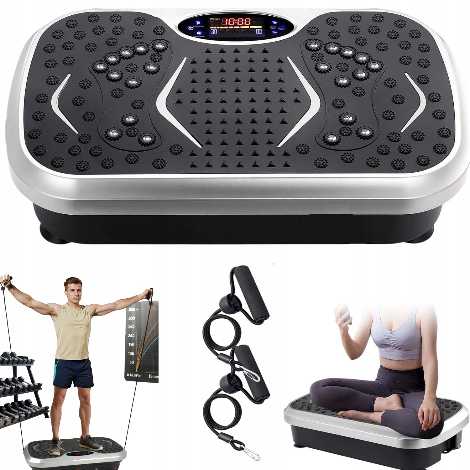 Domácí Vibrační Fitness Platforma S 99 Úrovněmi LCD, Dálkové Ovládání, Tréninkové Gumy