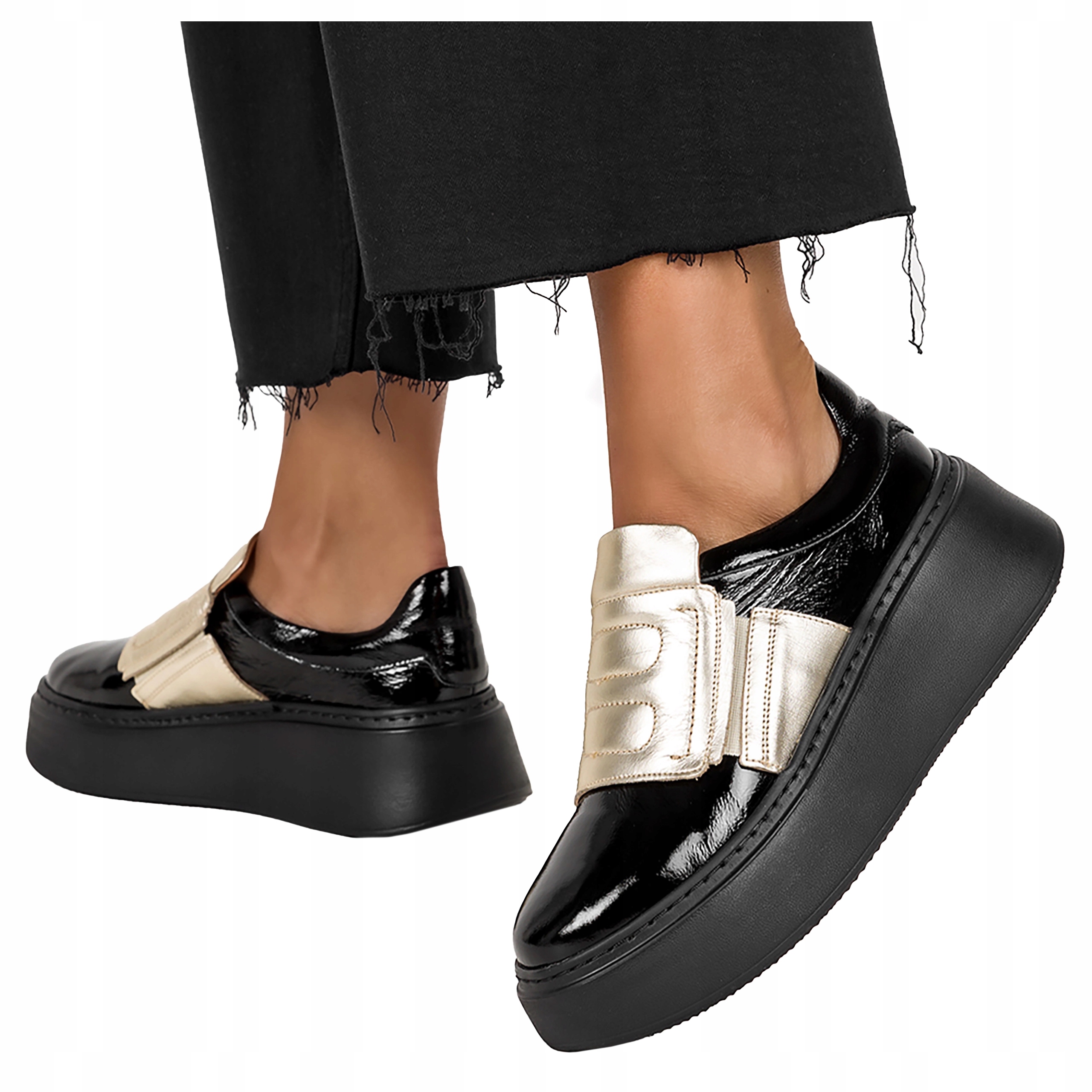 Damskie Sneakersy Czarne Skórzane Półbuty Lakierowane Modne r 38